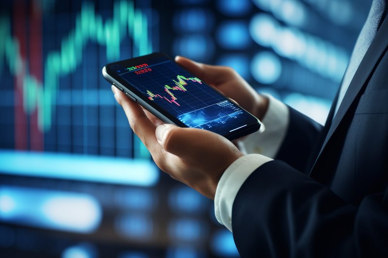 A person in a dark suit holds a smartphone displaying colorful line charts, with blurred financial graphs on a screen in the background.
