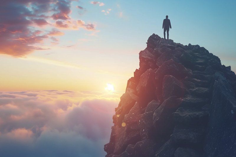 A lone figure stands on a rocky mountain summit above a sea of clouds at sunrise.
