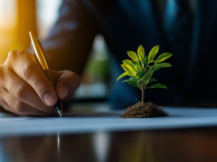A hand signing a document at a desk beside a small green seedling.