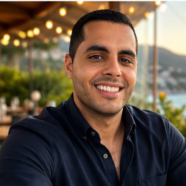 Mark Elbadramany in a navy shirt at a waterside terrace in the evening, with string lights and a hillside coastline behind him.